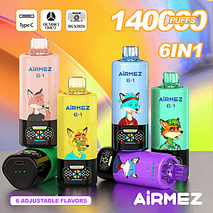 Six colorful AirMEZ 6-in-1 disposables with cartoon animals and a 1400 PUFFS label.