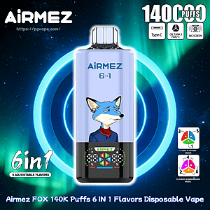 Blue Airmez 6-in-1 disposable vape with a cartoon fox, 140K puffs, set against a neon space background.