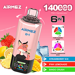 Pink AiRMEZ 6in1 vape featuring a cartoon fox, with strawberry and pineapple imagery; shows 1400 puffs and 6 in 1 flavors.