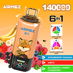 Airmez 6 in 1 vape device with a fox on an orange bottle, set against a fruit background, promoting 1400 puffs.