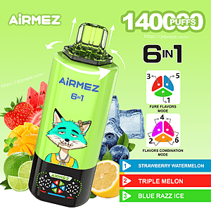 Bright green Airmez 6 in 1 disposable vape with cartoon fox, 1400 puffs, shown with fruit imagery and flavor options.