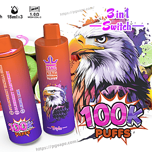 Two cylindrical orange-to-purple disposable vape devices labeled Bang King Vapen Triple with eagle artwork in front of a backdrop of sliced fruit and icons reading Type-C, 650mAh, 18ml×3, 1.0Ω mesh coil and prominent '3 in 1 Switch' and '100K puffs' callouts.