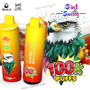 Bright yellow-to-red packaged Bang King Vapen Triple disposable vape showing two cylindrical devices, a colorful illustrated eagle, large “100K PUFFS” claim, icons for Type‑C, 650mAh, 18ml×3 and 1.0Ω mesh coil, “3 in 1 Switch” label and fruit imagery suggesting watermelon, strawberry and kiwi flavors.