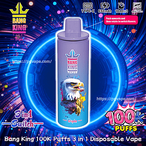 Purple Bang King disposable vape device with an illustrated eagle and 'Triple' label centered in a neon blue circular background, surrounded by icons and text noting '100K Puffs', '3 in 1 Switch', Type-C, 650 mAh, 18 ml x3, and a small instruction to push up and rotate to switch flavors.