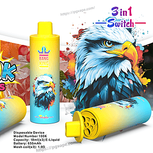 Colorful advertisement for Bang King disposable vape showing three yellow-to-blue cylindrical devices, a large illustrated eagle head, a bold '100K PUFFS' badge, '3 in 1 Switch' text, fruit splashes, and small product specifications at the bottom.