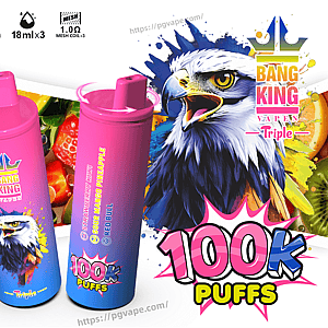 Colorful product ad featuring two pink-to-blue gradient disposable vape devices labeled Bang King Vape Triple with an illustrated eagle and fruit background, icons for Type-C, 650mAh and 18ml×3, and bold '100K PUFFS' text.
