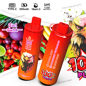 Two red-orange cylindrical disposable vape devices with mouthpieces and Bang King branding placed against a colorful fruit background, featuring a large illustrated eagle, a bold