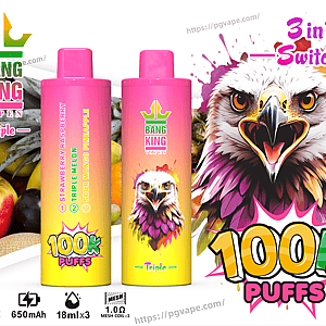 Bright pink-and-yellow Bang King Triple disposable vape packaging featuring two cylindrical devices, a large screaming eagle illustration, prominent