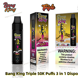 Product image of a black Bang King Triple 50K-puffs 3-in-1 disposable vape with rocket-themed graphics shown next to its colorful individual box and larger display box labeled 50K puffs, including a nicotine warning.