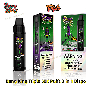 Black Bang King Triple disposable vape device alongside matching green-and-purple retail boxes labeled 50K puffs and Triple, featuring a purple rocket mascot, small flavor icons, and a prominent nicotine warning label.