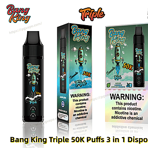 Black disposable vape device and two retail boxes branded 'Bang King Triple' featuring a cartoon rocket and '50K' puff labeling, with colorful packaging and a visible nicotine warning label.