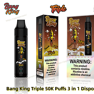Black Bang King Triple disposable vape device with a rocket graphic, shown beside two matching orange-brown gradient product boxes labeled 50K puffs and a prominent nicotine warning label.
