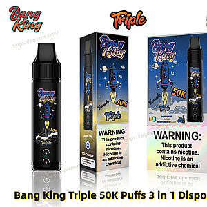 Black Bang King Triple disposable vape device with a blue rocket graphic and '50K' marking shown next to a slender retail box and larger display box featuring the same space/rocket artwork, 'Triple' and 'Bang King' logos, and prominent nicotine warning labels.