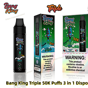 Black Bang King Triple disposable vape device next to its colorful green retail box and outer carton, all featuring a blue-and-red rocket graphic, prominent