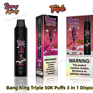 Close-up product image showing a black Bang King Triple disposable vape device alongside matching pink rocket-themed retail boxes labeled 50K/50,000 puffs, with visible nicotine warning panels and branding.