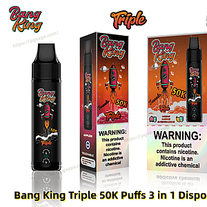 Black Bang King disposable vape device displayed beside matching orange boxed packaging decorated with a rocket illustration, prominent '50K' and 'Triple' branding, and a nicotine warning label.
