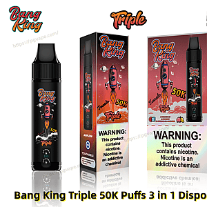 Black Bang King Triple disposable vape next to matching red-orange boxed packaging showing a pink rocket graphic, large '50K' puff branding, product logos and a prominent nicotine-warning label.