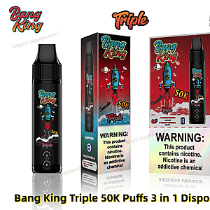 Black Bang King Triple disposable vape shown alongside matching red retail boxes featuring a cartoon blue rocket, prominent '50K/50,000 puffs' and 'Triple' branding, and a nicotine warning label.