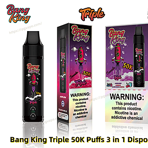Black Bang King Triple disposable vape beside its purple-pink retail box, both decorated with a red rocket graphic, prominent 50K/50,000 puffs branding and a visible nicotine warning label.