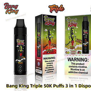 Black Bang King Triple disposable vape device next to its retail boxes, all featuring a green rocket illustration, '50K' branding, colorful green-to-orange background and a prominent nicotine warning label.