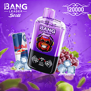 Purple-and-black Bang Leader Stoll 2-in-1 vape device with a grinning monkey logo and digital controls at center, surrounded by a Red Bull can, ice cubes and grapes on a glossy purple background with '120000' displayed.