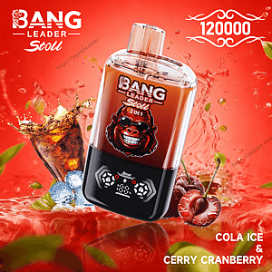 Close-up of a red-and-black Bang Leader Stoll 2-in-1 vape device with a grinning gorilla logo, set against a vibrant red background with splashes of cola, ice cubes and cherries, plus text reading 120000 and the flavor 'Cola Ice & Cherry Cranberry'.