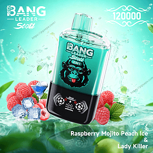 Teal Bang Leader Stoll vape device with a cartoon monkey logo and clear mouthpiece, shown floating among raspberries, peach slices, ice cubes and mint leaves with water splashes and the text '120000' and flavor names visible.