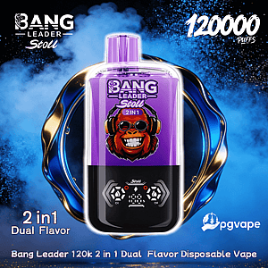 Advertisement featuring a purple Bang Leader Stoll 2-in-1 disposable vape with a grinning monkey wearing headphones on the device, set against a blue smoky background with a gold-and-blue liquid ring and text reading '120000 puffs', '2 in1 Dual Flavor' and a pgvape logo.
