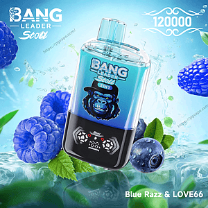 Turquoise-blue Bang Leader Stoll 2-in-1 vape device with a gorilla logo and digital display, shown amid splashing water, blue raspberries and blueberries with '120000' puff text and flavor label Blue Razz & LOVE66.