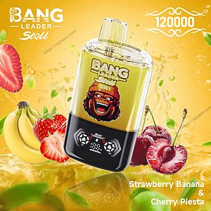 Bright yellow-and-black Bang Leader Stoll vape device with a snarling gorilla logo and digital display, shown amid splashing juice and floating bananas, strawberries and cherries with flavor text 'Strawberry Banana & Cherry Piesta' and a '120000' label.