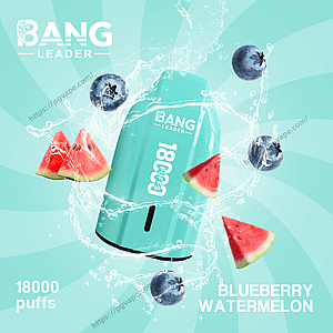 A turquoise Bang Leader disposable vape labeled '18000 puffs' floats amid splashing water with blueberries and watermelon wedges on a matching teal spiral background, accompanied by 'Blueberry Watermelon' flavor text.