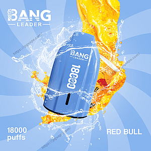 Blue Bang Leader disposable vape device marked 18000 puffs splashing through orange energy-drink liquid and water on a light-blue radial background with visible 'RED BULL' branding.