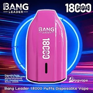 Pink Bang Leader disposable vape centered in front of a glowing blue neon ring, with '18000 puffs' printed vertically, brand logos and small product details visible against a streaked dark background.