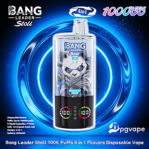 Promotional image of a Bang Leader Stoll disposable vape featuring panda artwork and digital puff counters, centered on glowing blue concentric rings with labeling that advertises 100,000 puffs, 4‑in‑1 flavors and the Vanilla Ice Cream flavor.