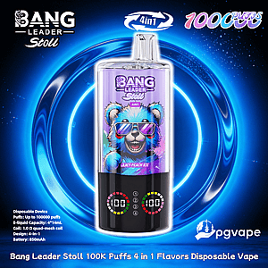 A Bang Leader Stoll disposable vape device with a purple label showing a colorful cartoon bear wearing sunglasses and the flavor 'Juicy Peach Ice,' featuring LED puff counters, 4-in-1 branding and a '100K puffs' claim against a glowing blue circular background.