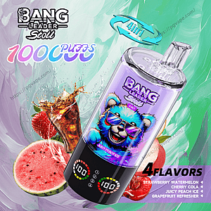 Colorful ad showing a tilted purple Bang Leader Stoll 1000-puff disposable vape with a cartoon blue bear in sunglasses, surrounded by splashing fruits and a cola glass, with labels for 1000 puffs and four flavors (strawberry watermelon, cherry cola, juicy peach ice, grapefruit refresher).