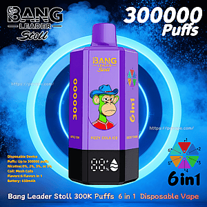 Purple Bang Leader Stoll 6-in-1 disposable vape with a monkey in a blue hat, 300000 puffs, Fizzy Cola Ice, neon rings.