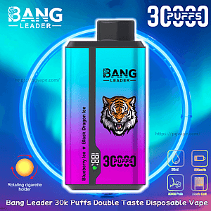 Gradient turquoise-to-purple disposable vape labeled "Bang Leader" featuring a snarling tiger logo, a digital puff counter and large "30,000 puffs" text, with small icons for 38ml capacity, 550mAh battery and mesh coil on a glowing blue circular background.