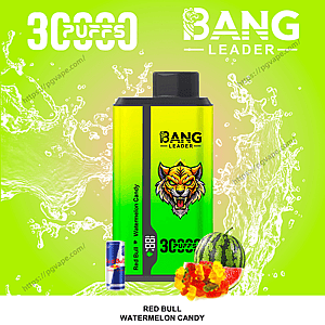 Bright green-and-yellow Bang Leader disposable vape with a fierce tiger logo centered against a lime splash background, labeled ’30 puffs’ and ’Red Bull Watermelon Candy’, shown with a small Red Bull can, a sliced watermelon and gummy candies.