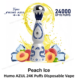 Blue-and-white ceramic-style Humo Azul disposable vape standing amid peach halves, ice cubes and a yellow splash, with text indicating 'Peach Ice' flavor and '24000 up to puffs'.