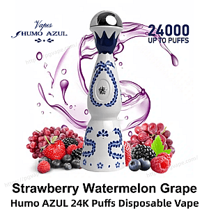 White porcelain-style disposable vape with blue floral patterns and a chrome rounded top centered against a purple liquid splash, surrounded by strawberries, grapes, blackberries and other berries, with '24,000 up to puffs' and brand text visible.