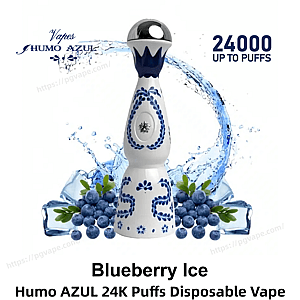 White-and-blue, ceramic-style bottle-shaped disposable vape with blue floral patterns centered among splashing water and clusters of blueberries, accompanied by text indicating up to 24,000 puffs and the label Blueberry Ice