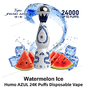 Blue-and-white decorative bottle-shaped disposable vape centered among watermelon slices, ice cubes and a swirling blue water splash, with 'Humo Azul' branding and '24,000 up to puffs' text.