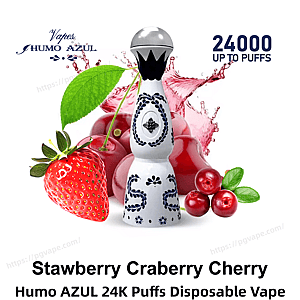 White-and-blue patterned, bottle-shaped disposable vape with a silver rounded mouthpiece centered among a strawberry, cherries and small red berries with a splash background, accompanied by the branding 'Humo AZUL' and the text '24000 UP TO PUFFS' and product name below.