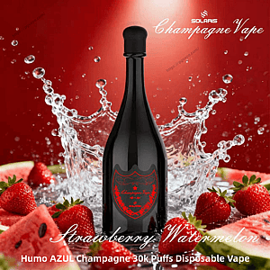 Black glossy champagne-shaped vape bottle with a red shield label centered against a red background, water splashing behind it and fresh strawberries and watermelon slices at the base, with stylized 'Champagne Vape' and 'Strawberry Watermelon' text in the design.