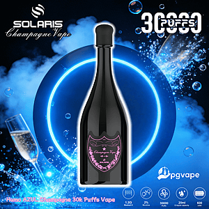 Black champagne-shaped vape bottle with a pink decorative label centered against a glowing blue circular backdrop with bubbles and splashes, a tilted champagne flute to the left, and branding text showing Solaris, PGVape and '30,000 puffs'