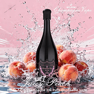 Black champagne-bottle-shaped disposable vape with a pink decorative label centered among splashing water and ripe peaches against a pink backdrop, with 'Juicy Peach' branding visible