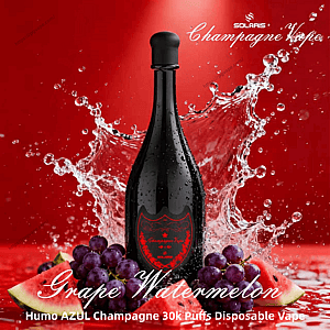 Black champagne-shaped disposable vape bottle with water droplets and a dynamic splash behind it, surrounded by purple grapes and watermelon slices on a red background labeled