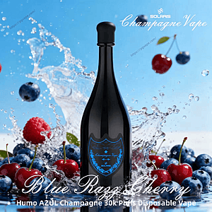 Glossy black champagne-shaped vape bottle with a blue shield label centered amid splashing water and scattered blueberries, cherries, and raspberries against a bright sky-blue background.