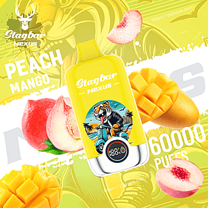Bright yellow Stagbar Nexus vape bottle with a tiger on a scooter, peaches and mangoes, 6000 puffs.
